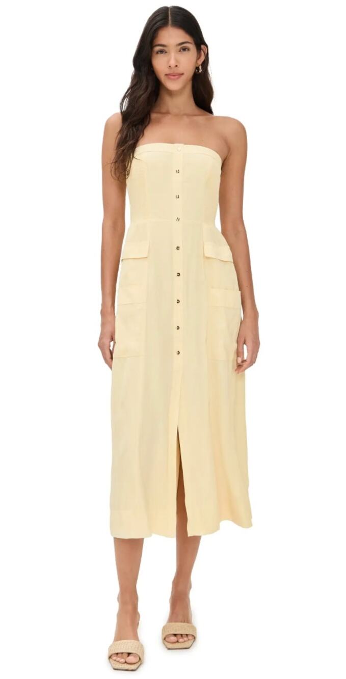 Ramy Brook Blair Strapless Midi Dress Butter Yellow M Button Front